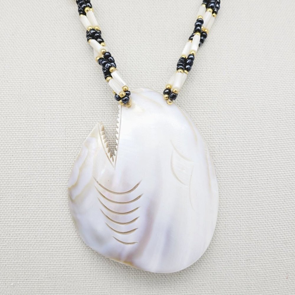 Large Mother Of Pearl Carved Shark Fish Head Pendant Statement Necklace Pearls